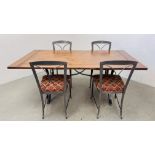 A MODERN METAL CRAFT AND PINE DINING SET COMPRISING OF PINE TOP DINING TABLE 189CM X 91CM AND FOUR