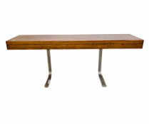 A VINTAGE MID CENTURY ROSEWOOD FINISH CONSOLE TABLE WITH FOUR DRAWERS ON CAST ALUMINIUM BASE,