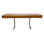 A VINTAGE MID CENTURY ROSEWOOD FINISH CONSOLE TABLE WITH FOUR DRAWERS ON CAST ALUMINIUM BASE,