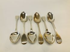 SIX SIMILAR SILVER FIDDLE PATTERN SERVING SPOONS DIFFERENT DATES AND MAKERS INCLUDING A PAIR LONDON