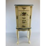 A MODERN SHABBY CHIC PAINTED FIVE DRAWER JEWELLERY CHEST ON FOUR SPLAYED LEGS, W 34CM, D 28CM,