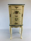 A MODERN SHABBY CHIC PAINTED FIVE DRAWER JEWELLERY CHEST ON FOUR SPLAYED LEGS, W 34CM, D 28CM,