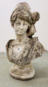 A STONEWORK BUST OF CLASSICAL FEMALE, HEIGHT 52CM.