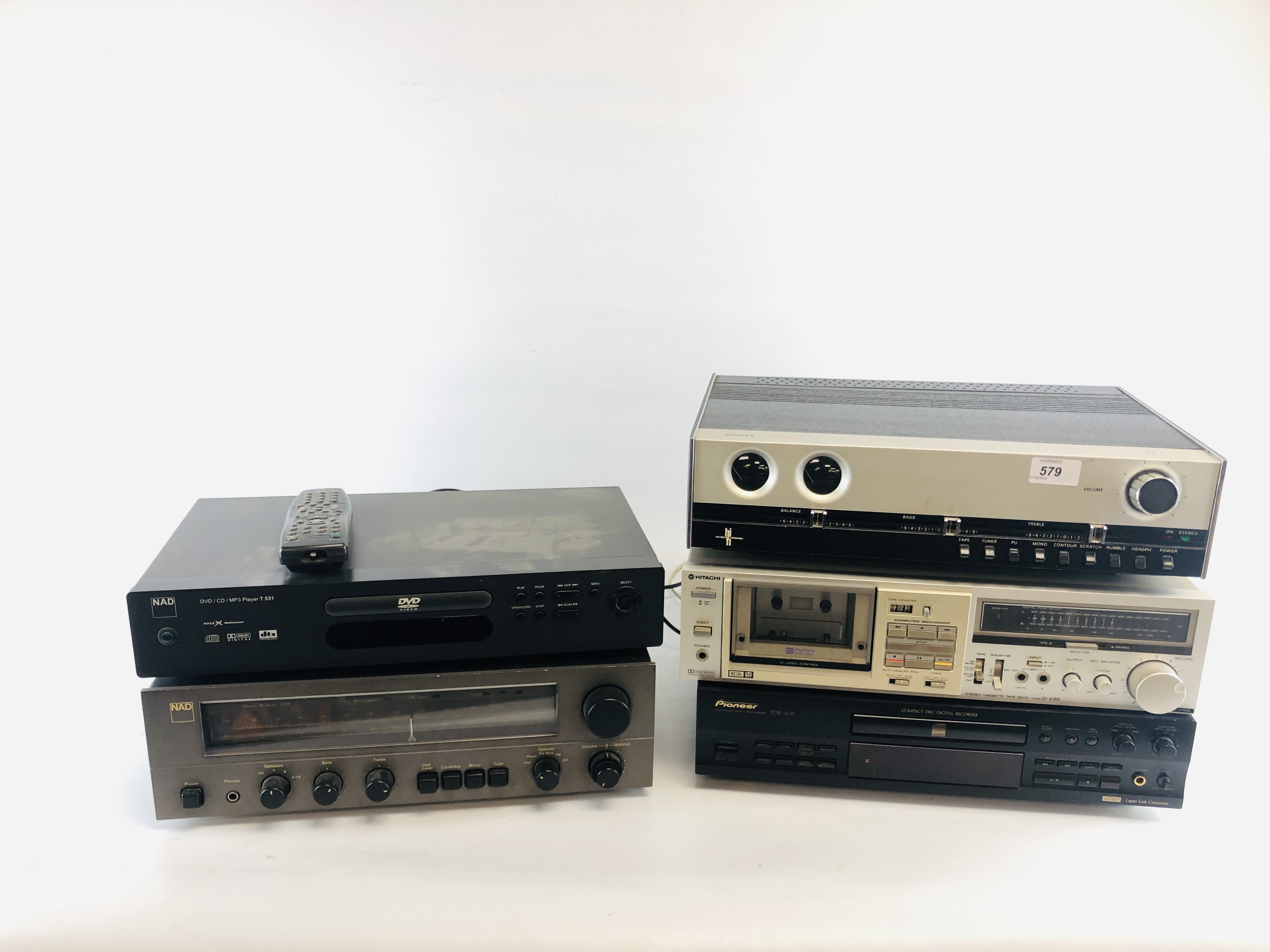 FOUR PIECES OF AUDIO EQUIPMENT TO INCLUDE NAD STEREO RECEIVER 7020, PHILIPS 550 AMP,