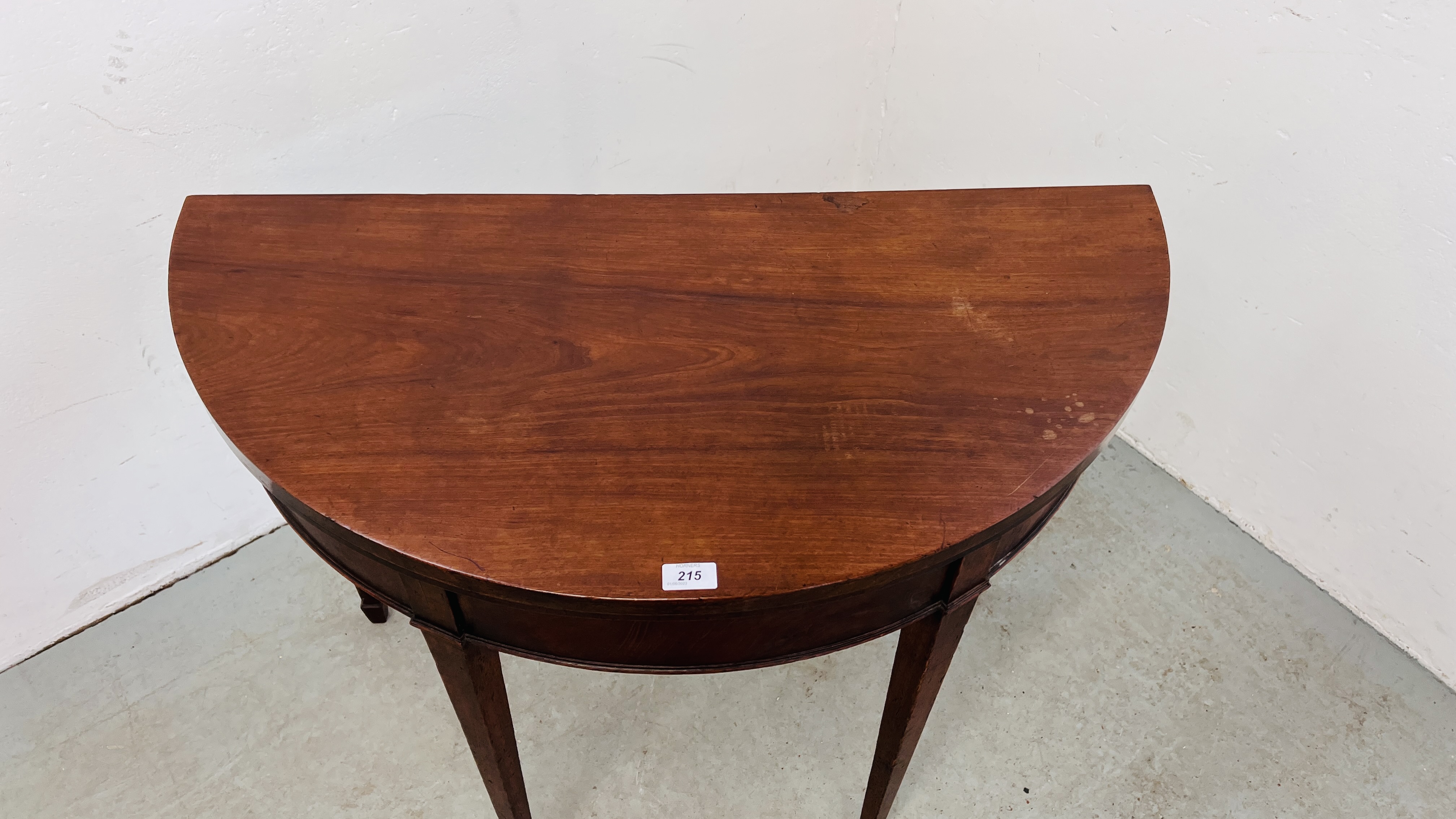 A MAHOGANY DEMI LUNE FOLDING TOP SIDE TABLE WITH GATELEG ACTION, ON SQUARE TAPERED LEG - WIDTH 92CM. - Image 2 of 11