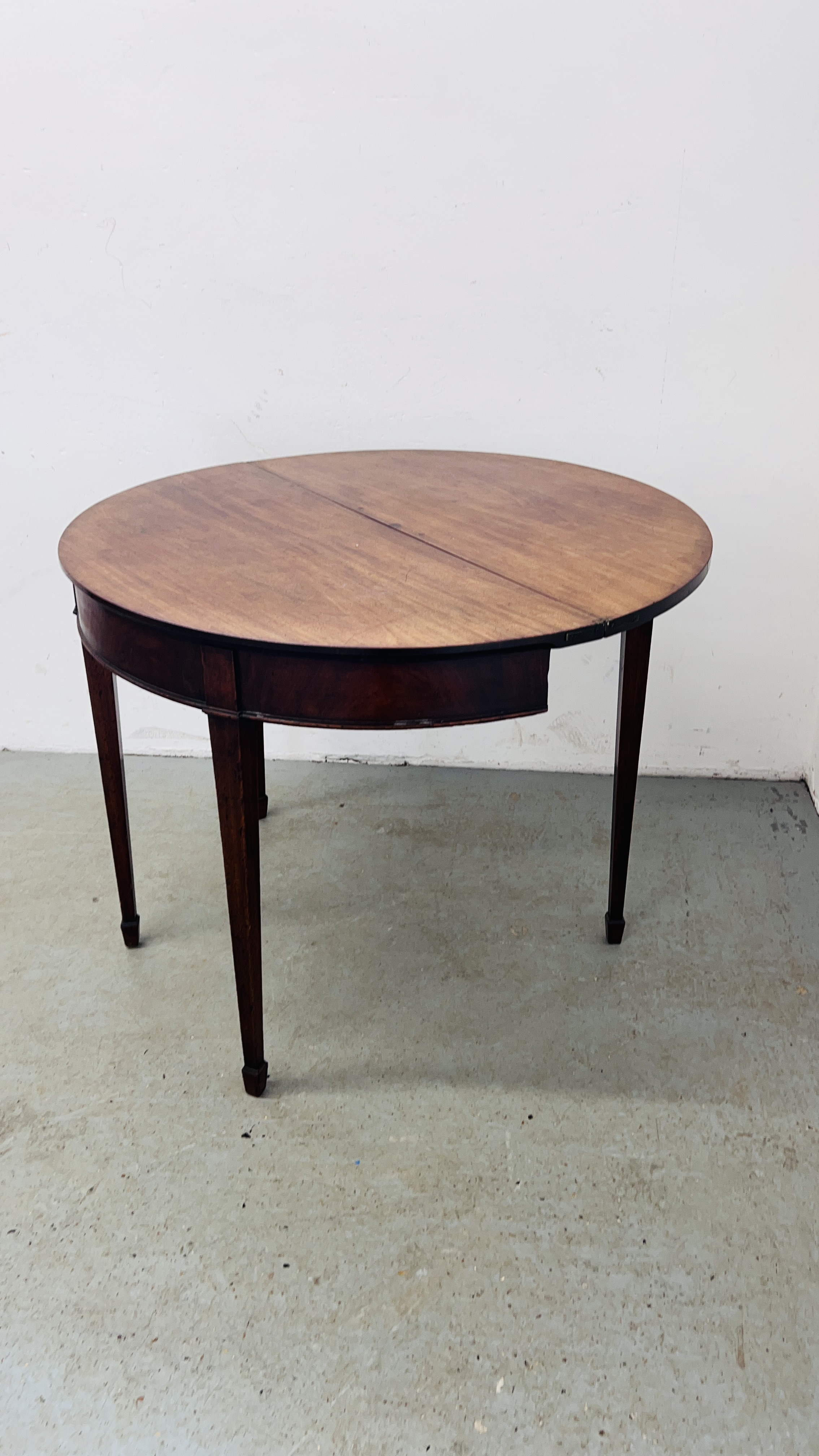 A MAHOGANY DEMI LUNE FOLDING TOP SIDE TABLE WITH GATELEG ACTION, ON SQUARE TAPERED LEG - WIDTH 92CM. - Image 11 of 11