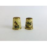 TWO WORCESTER BLUSH IVORY THIMBLES DECORATED WITH A GOLDFINCH AND BLUETIT, THE LARGER 2.5CM H.