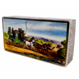 A VICTORIAN SILVER MATCHBOX BIRMINGHAM 1844 THE LID ENAMELLED WITH A COACH AND FOUR BY SAUNDERS &