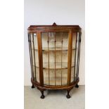 A DEMI LUNE MAHOGANY DISPLAY CABINET, GREEK KEY AND BALL AND CLAW DETAIL, WIDTH 101CM. DEPTH 39CM.