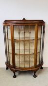 A DEMI LUNE MAHOGANY DISPLAY CABINET, GREEK KEY AND BALL AND CLAW DETAIL, WIDTH 101CM. DEPTH 39CM.