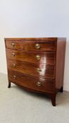 A GEORGIAN MAHOGANY TWO OVER THREE DRAWER BOW FRONTED CHEST ON SPLAYED FOOT WITH BRASS PLATE