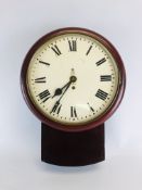 AN ANTIQUE MAHOGANY CASED "G.P.O." DROP DIAL WALL CLOCK H 49CM X DIAM 38CM.