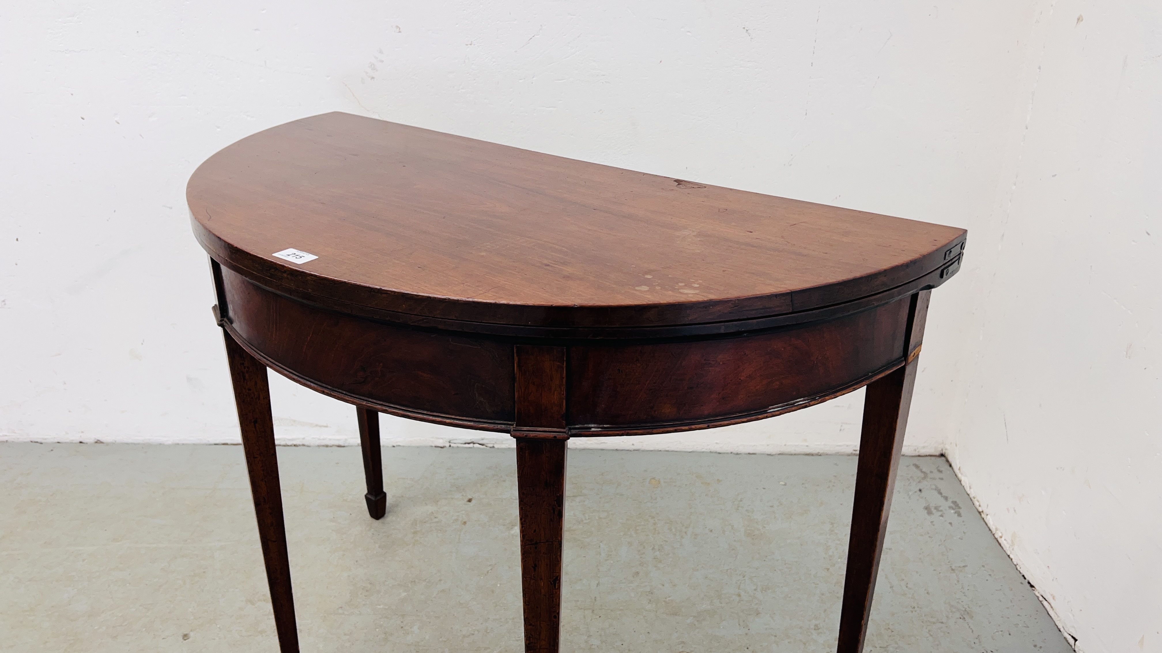 A MAHOGANY DEMI LUNE FOLDING TOP SIDE TABLE WITH GATELEG ACTION, ON SQUARE TAPERED LEG - WIDTH 92CM. - Image 3 of 11