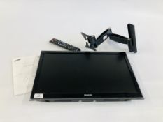 A SAMSUNG 22 INCH SMART TELEVISION WITH WALL MOUNT AND REMOTE - NO POWER CABLE - SOLD AS SEEN.