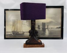A HAND CRAFTED WOODEN TABLE LAMP WITH MODERN DESIGNER PURPLE SHADE - SOLD AS SEEN + TWO ORIENTAL