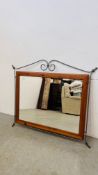 A MODERN METAL CRAFT AND PINE RECTANGULAR WALL MIRROR WITH BEVELLED GLASS, W 104CM,
