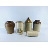 A COLLECTION OF FIVE STONEWARE JUGS AND JARS TO INCLUDE C.