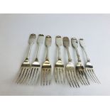 A MIXED GROUP OF SEVEN VARIOUS SILVER FIDDLE PATTERN DESSERT FORKS INCLUDING A PAIR LONDON 1848