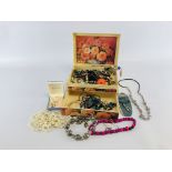 FLORAL DECORATED BOX CONTAINING ASSORTED COSTUME JEWELLERY.