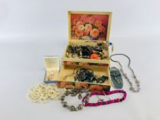 FLORAL DECORATED BOX CONTAINING ASSORTED COSTUME JEWELLERY.