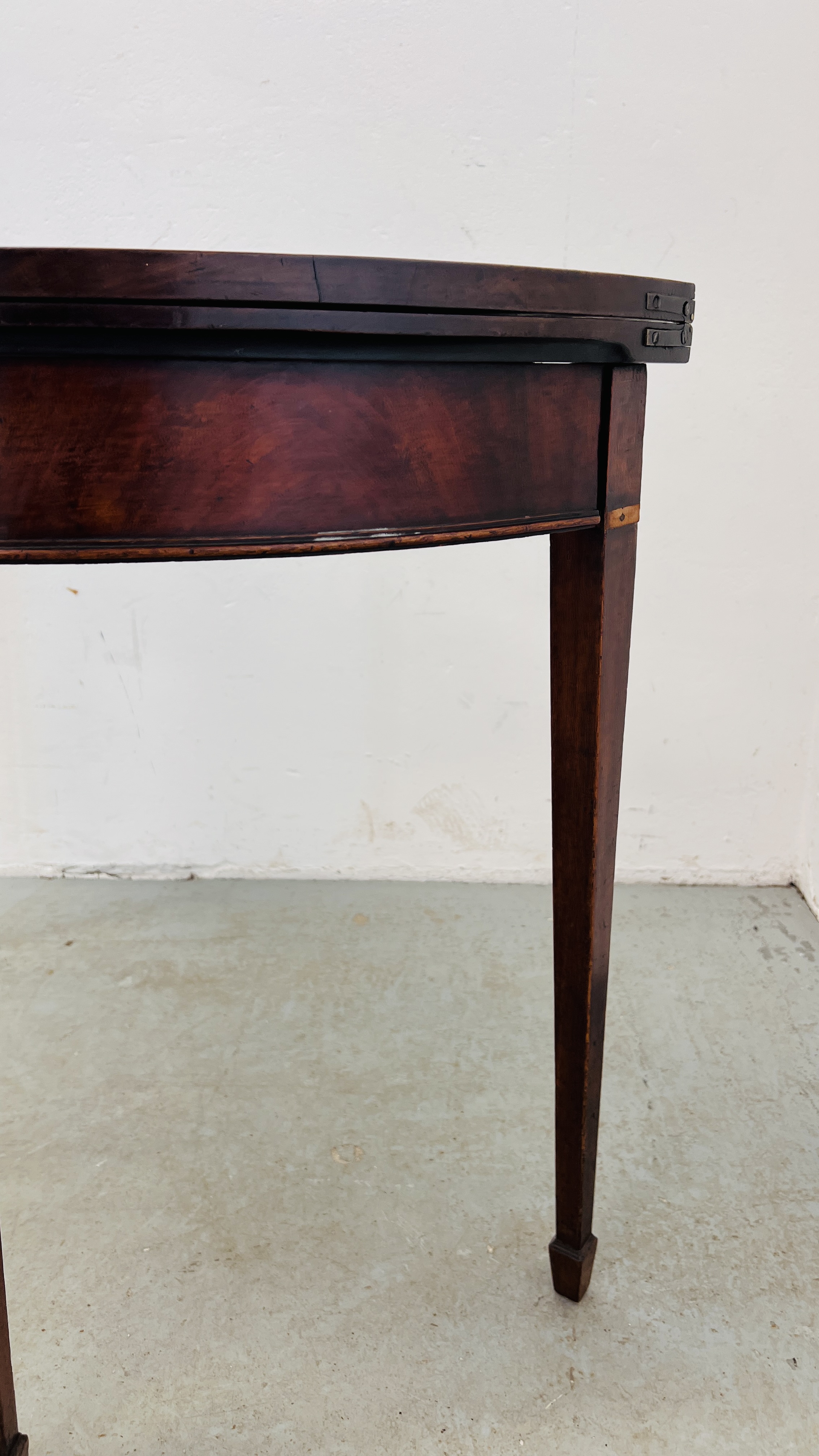 A MAHOGANY DEMI LUNE FOLDING TOP SIDE TABLE WITH GATELEG ACTION, ON SQUARE TAPERED LEG - WIDTH 92CM. - Image 7 of 11