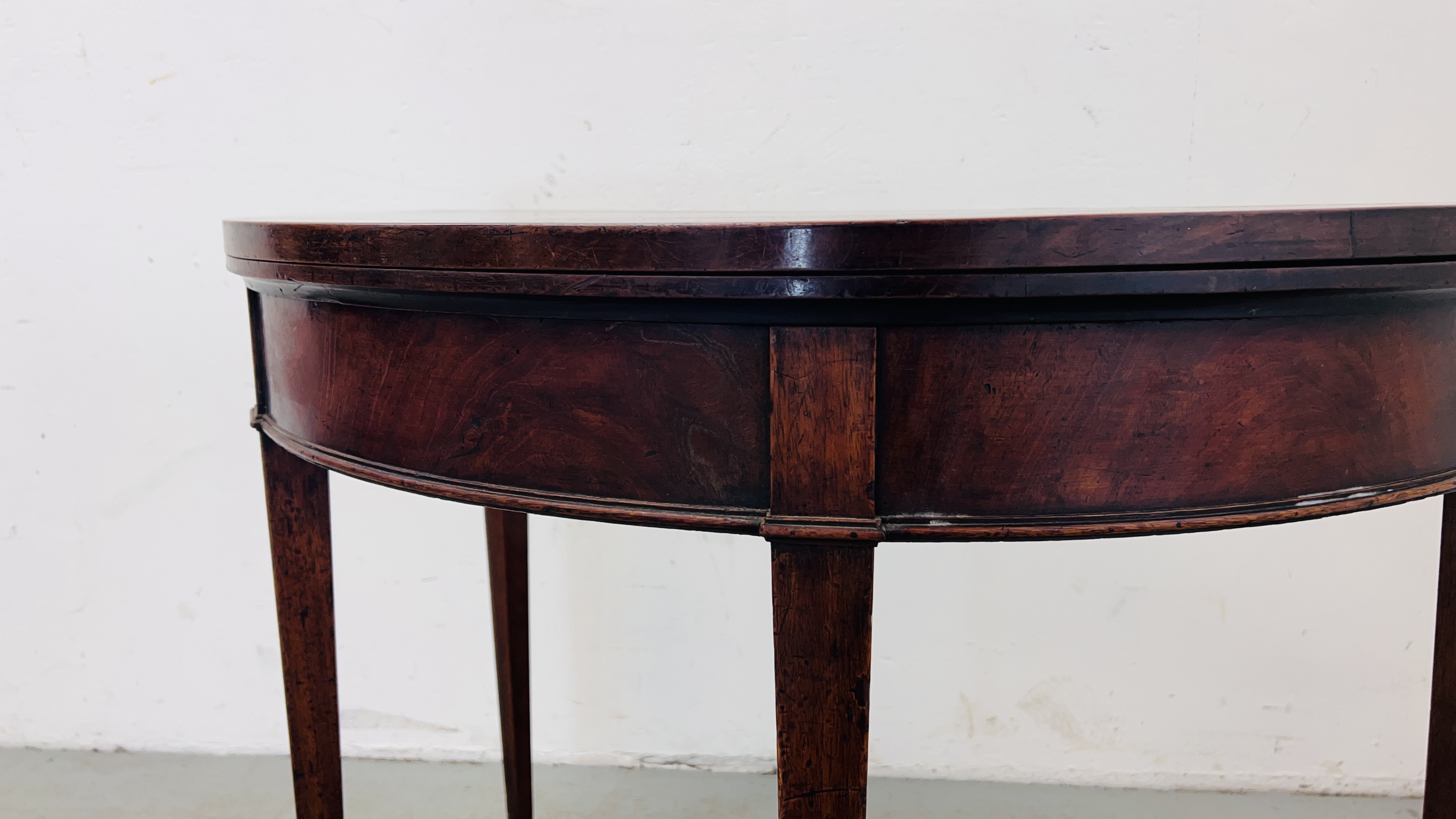 A MAHOGANY DEMI LUNE FOLDING TOP SIDE TABLE WITH GATELEG ACTION, ON SQUARE TAPERED LEG - WIDTH 92CM. - Image 4 of 11