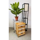 A THREE DRAWER WOOD AND CANVAS STORAGE CHEST WIDTH 42CM. DEPTH 32CM. HEIGHT 63CM.