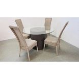 A MODERN LLOYD LOOM PEDESTAL DINING SET COMPRISING OF GLASS TOP DINING TABLE AND FOUR CHAIRS
