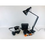 BLACK RETRO STYLE ANGLE POISE LAMP, A PAIR OF OMIYA 10X50 BINOCULARS WITH CASE,