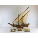 A SCRATCH BUILT MODEL OF A SAILING BOAT LENGTH 90CM. HEIGHT 85CM.