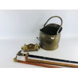 A VINTAGE BRASS COAL SCUTTLE ALONG WITH A BRASS DESK TIDY / INK WELL AND 3 WALKING STICKS.