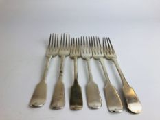 SIX SIMILAR SILVER FIDDLE PATTERN TABLE FORKS DIFFERENT DATES AND MAKERS, VICTORIAN AND EARLIER,