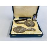 A VINTAGE 3 PIECE CASED SILVER BACKED BRUSH SET (COMPRISING MIRROR, BRUSH AND COMB).