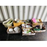 SIX BOXES CONTAINING KITCHENALIA TO INCLUDE COOKING DISHES, CUTLERY, BOWLS, STORAGE JARS,