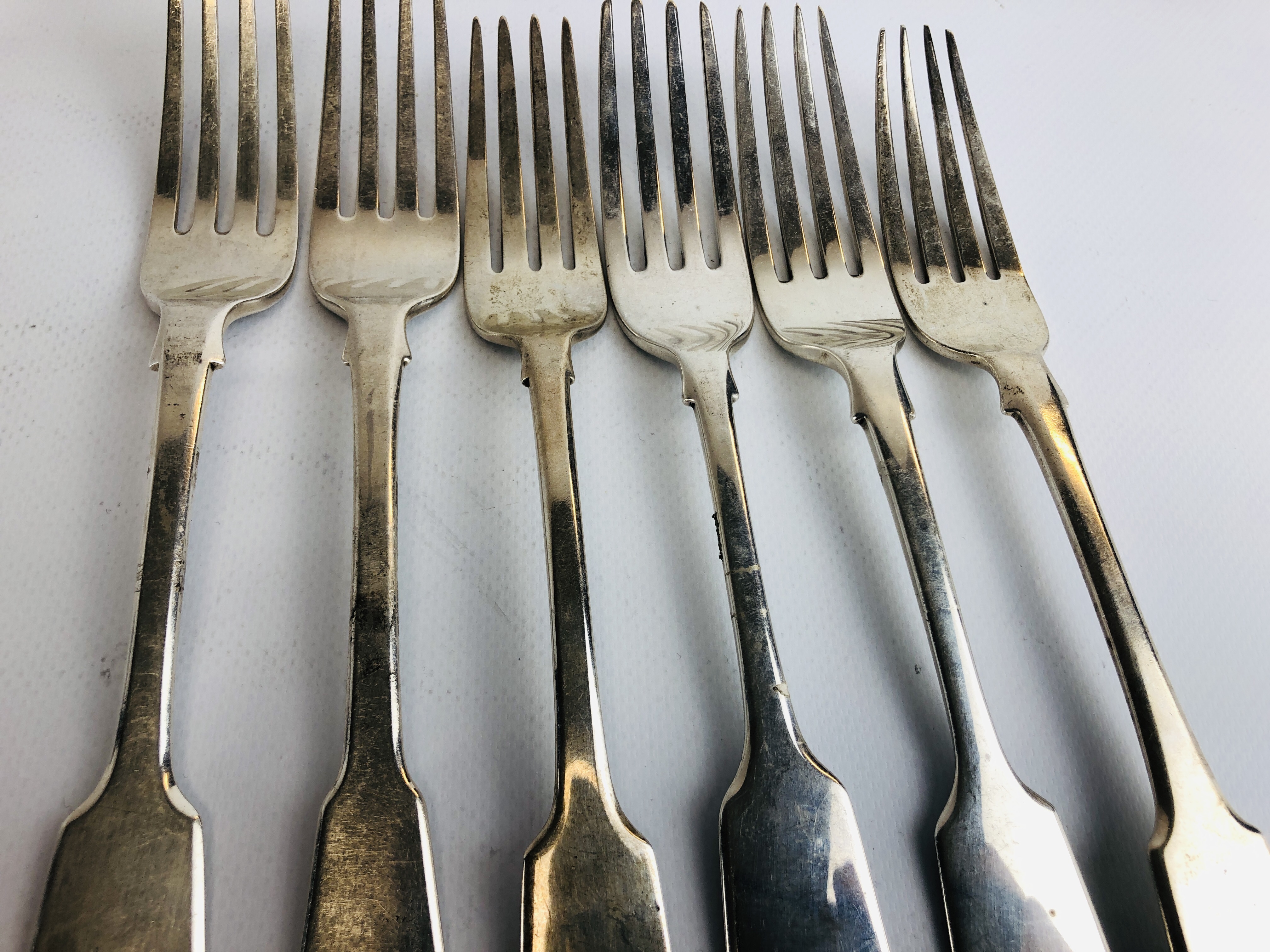 SIX SIMILAR SILVER FIDDLE PATTERN TABLE FORKS DIFFERENT DATES AND MAKERS, VICTORIAN AND EARLIER, - Image 4 of 13