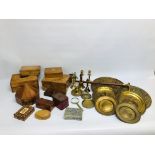 A COLLECTION OF WOODEN BOXES TO INCLUDE VINTAGE EXAMPLES ALONG WITH TINS, BRASS CANDLESTICKS,