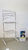 A STAINLESS FINISH FOLDING CLOTHES AIRER ALONG WITH ONE FURTHER HYFIVE BOXED HEAVY DUTY FOLDING