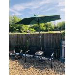 METAL FRAMED COMPANION SEAT WITH GLASS CENTRE TABLE COMPLETE WITH PARASOL AND STAND.