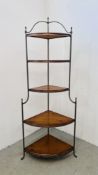 A MODERN METAL CRAFT AND PINE FLOOR STANDING FIVE TIER OPEN CORNER SHELF,