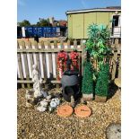 A GROUP OF GARDEN ORNAMENTS TO INCLUDE A PAIR OF PLASTIC POTTED BOX STYLE BUSHES,