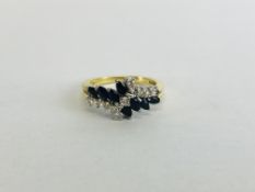 AN INTRICATE 18CT GOLD SAPPHIRE AND DIAMOND RING.