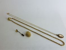A 9CT. GOLD CAMEO PENDANT AND FINE CHAIN MARKED 9K, A 9CT. GOLD HEART TIE PIN, A 9CT.