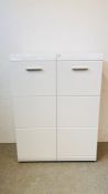 A MODERN DESIGNER GLOSS FINISH TWO DOOR CABINET WITH CHROME HANDLES AND SHELVED INTERIOR, W 90CM,