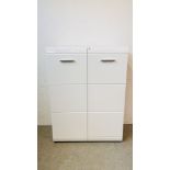 A MODERN DESIGNER GLOSS FINISH TWO DOOR CABINET WITH CHROME HANDLES AND SHELVED INTERIOR, W 90CM,