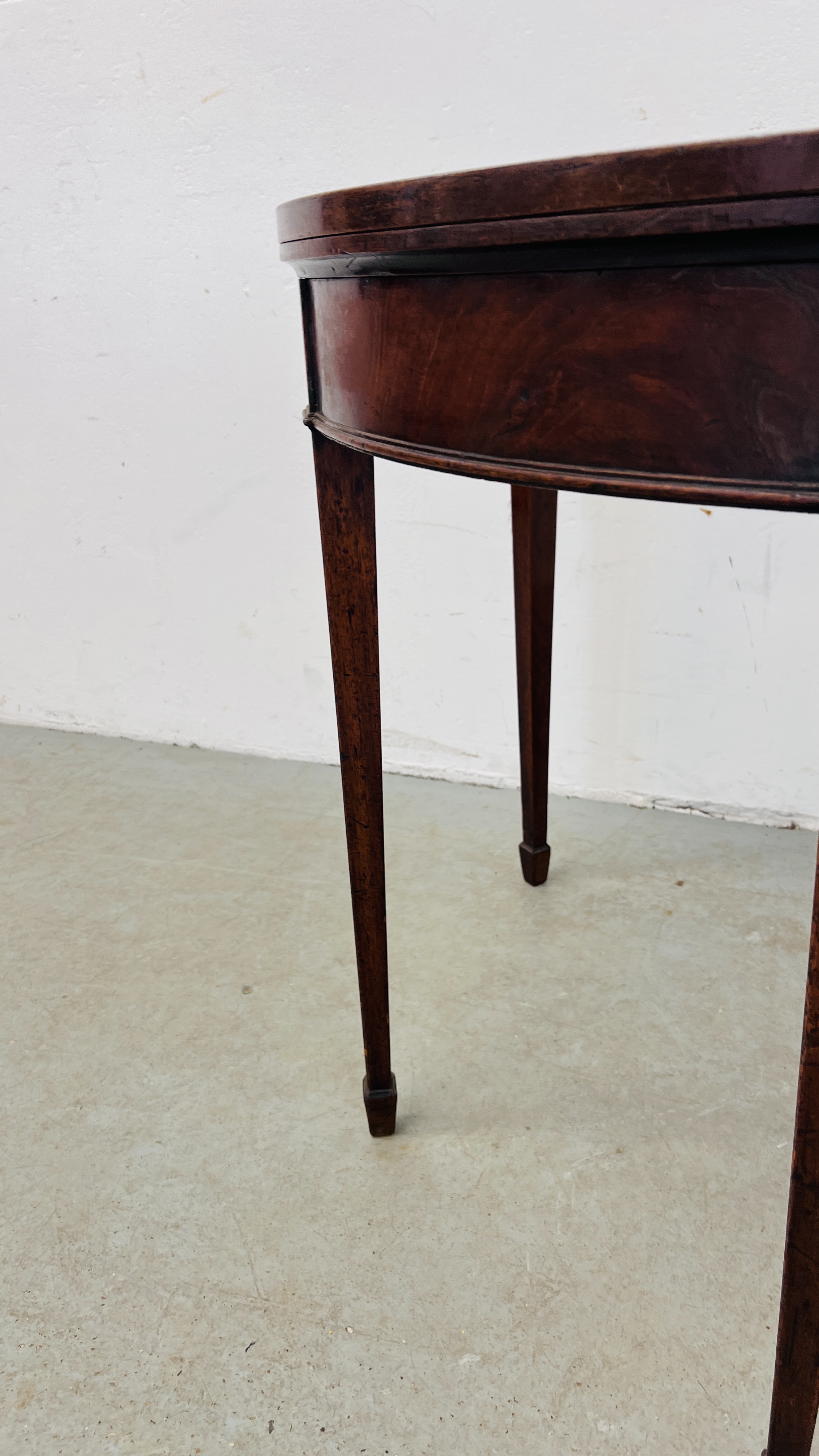 A MAHOGANY DEMI LUNE FOLDING TOP SIDE TABLE WITH GATELEG ACTION, ON SQUARE TAPERED LEG - WIDTH 92CM. - Image 6 of 11