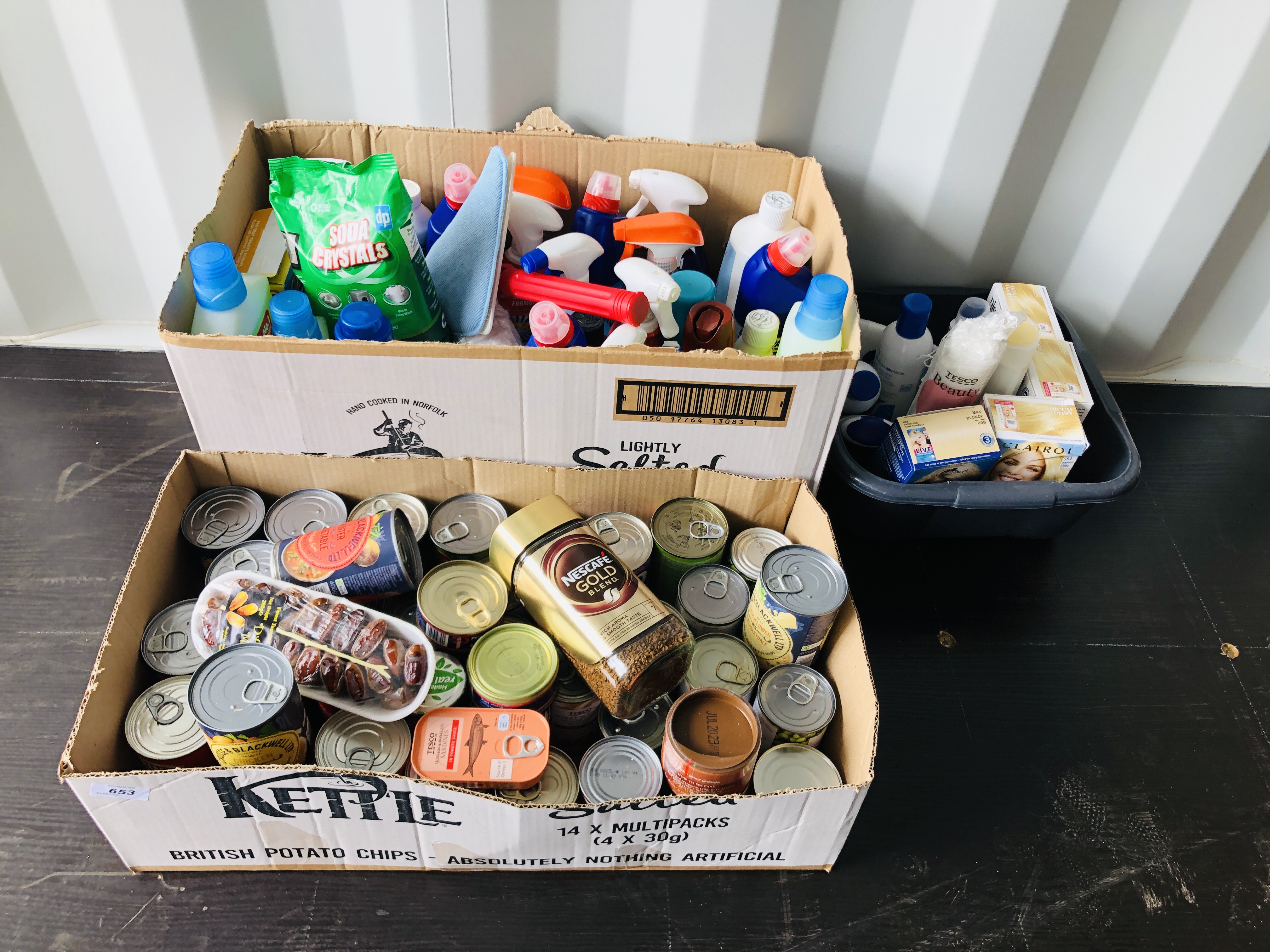 TWO BOXES CONTAINING KITCHEN FOODS AND CLEANING CHEMICALS TO INCLUDE TINNED FOOD, COFFEE, FLASH,