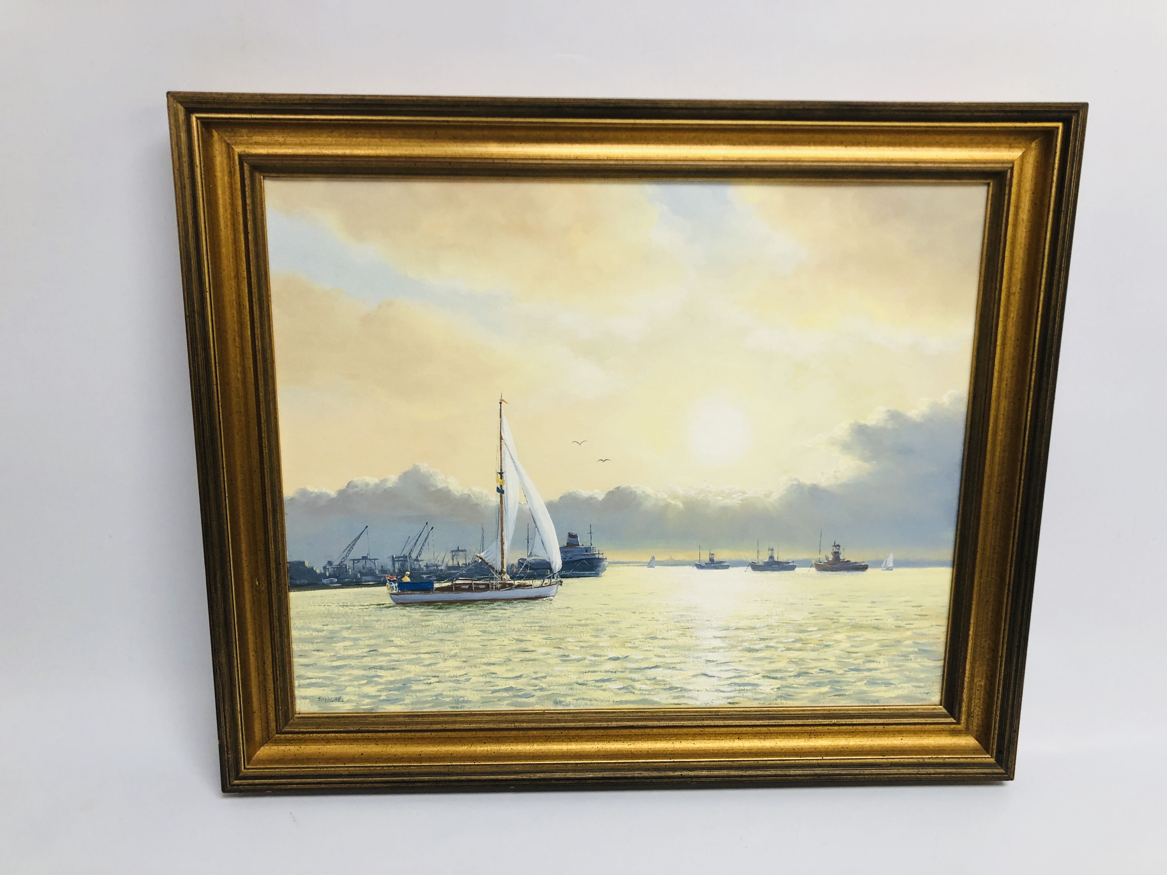 OIL ON CANVAS "HARWICH HARBOUR" BEARING SIGNATURE PETER BEARMAN HEIGHT 39.5CM. X WIDTH 50CM.