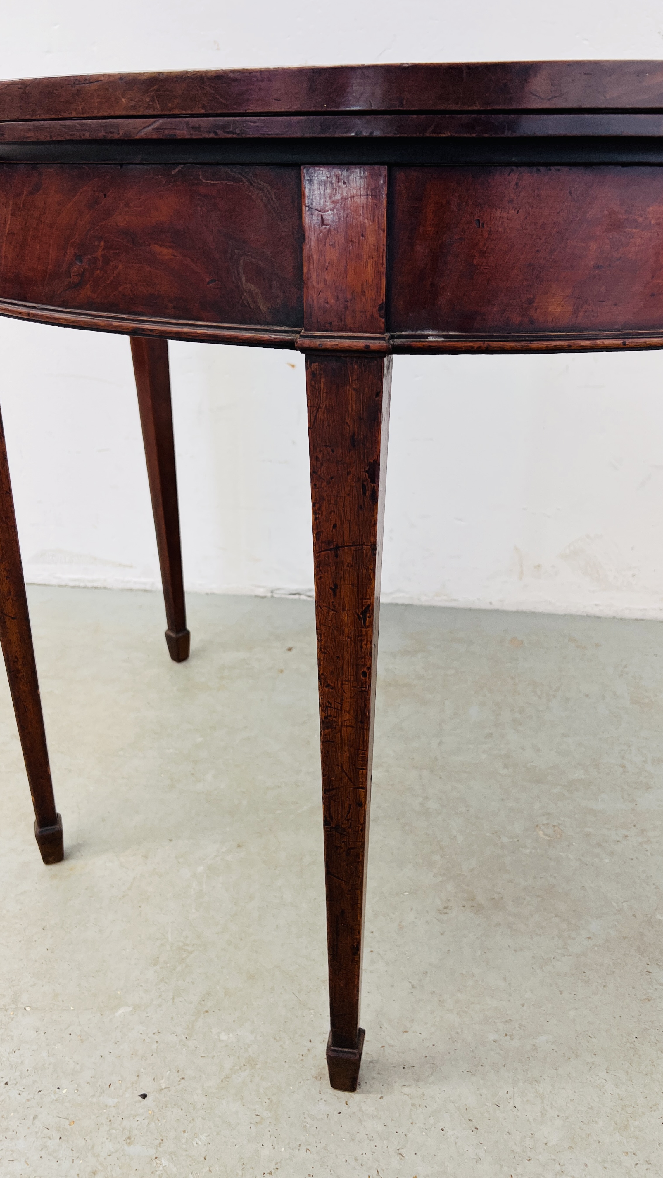 A MAHOGANY DEMI LUNE FOLDING TOP SIDE TABLE WITH GATELEG ACTION, ON SQUARE TAPERED LEG - WIDTH 92CM. - Image 5 of 11