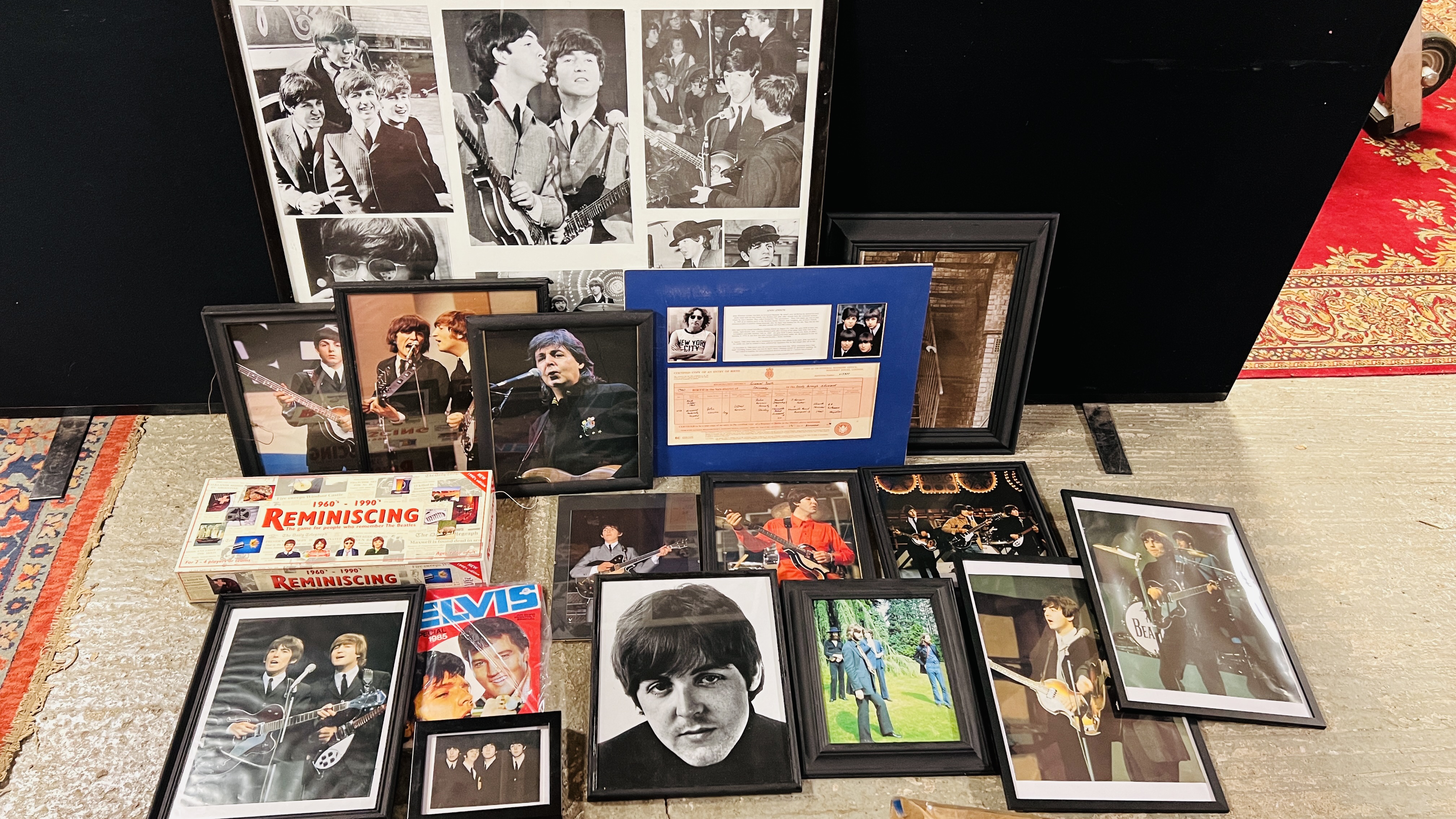 A COLLECTION OF MUSIC MEMORABILIA TO INCLUDE FRAMED PICTURES AND PRINTS JOHN LENNON AND THE BEATLES