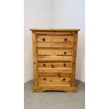 A MODERN MEXICAN PINE FOUR DRAWER CHEST WIDTH 92CM. DEPTH 48CM. HEIGHT 130CM.